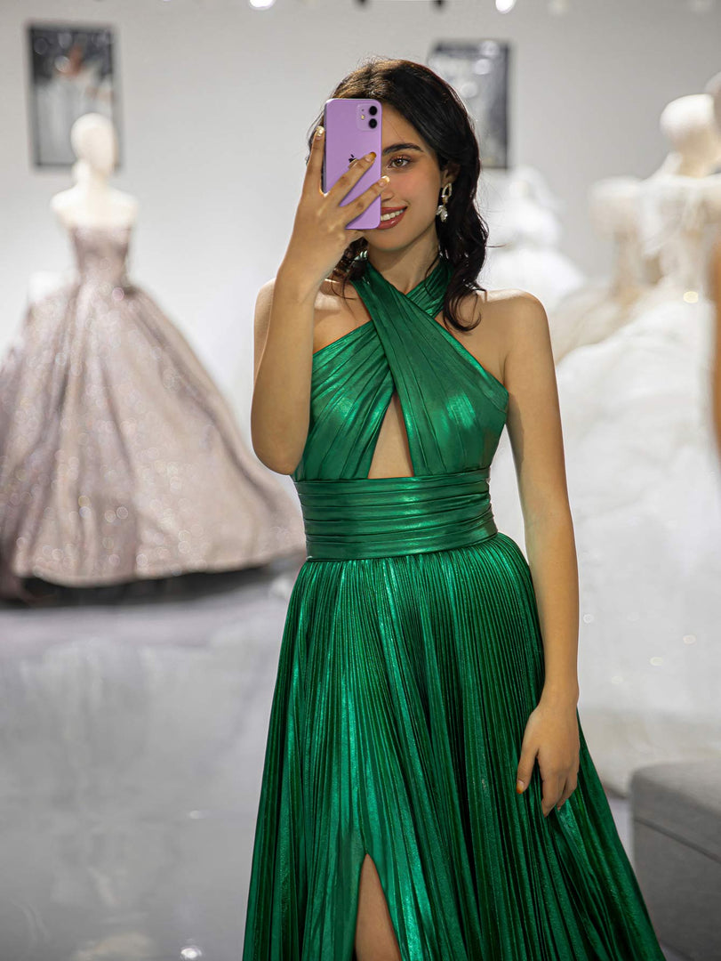 Llella Halter Green Metallic Slit Prom Dress Open Back Formal Dresses LLELLA