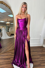 Load image into Gallery viewer, Pleated Purple Prom Dress with Slit
