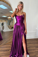Load image into Gallery viewer, Pleated Purple Prom Dress with Slit
