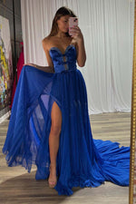 Load image into Gallery viewer, A-Line Strapless Bows Prom Gown with Slit

