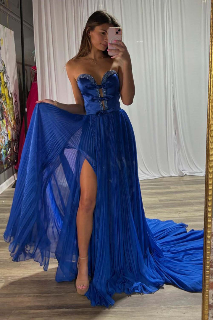 A-Line Strapless Bows Prom Gown with Slit