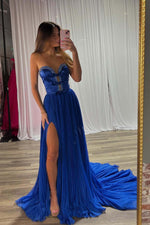 Load image into Gallery viewer, A-Line Strapless Bows Prom Gown with Slit
