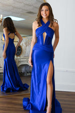 Load image into Gallery viewer, Fitted Open Back Halter Slit Prom Dress
