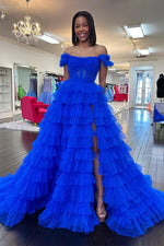 Load image into Gallery viewer, Royal Blue Ruffle Slit Prom Dress
