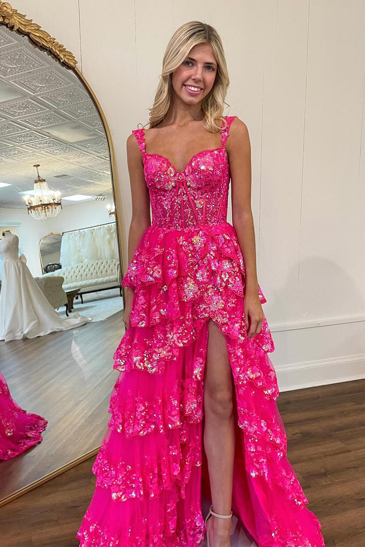 Straps Ruffled Prom Dress with Slit