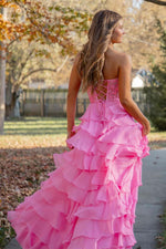 Load image into Gallery viewer, Strapless Lace Bodice Slit Prom Dress with Ruffle Skirt
