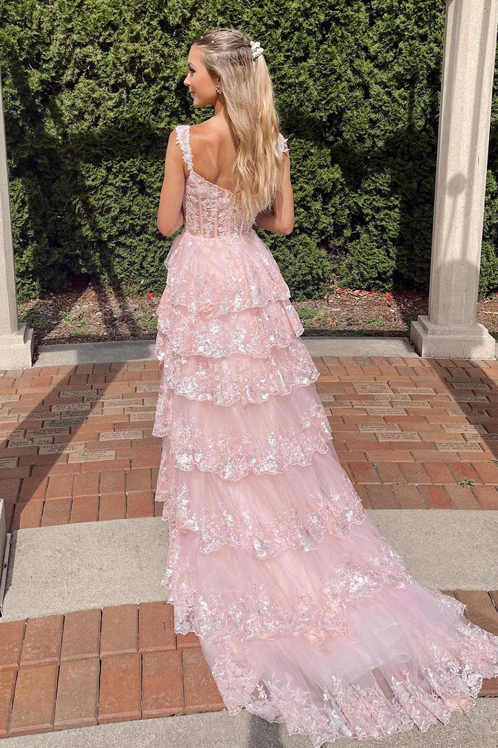 Sheer Corset Bodice Ruffle Prom Dress