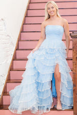 Load image into Gallery viewer, Light Blue Ruffle Strapless Prom Dress
