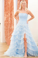 Load image into Gallery viewer, Light Blue Ruffle Strapless Prom Dress
