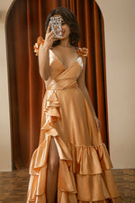 Load image into Gallery viewer, Ruffle Slit Satin Open Back Prom Dress

