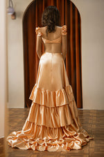 Load image into Gallery viewer, Ruffle Slit Satin Open Back Prom Dress
