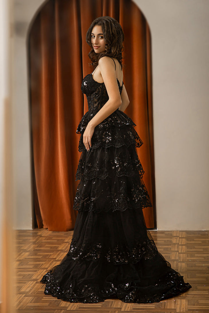 Ruffle Sheer Corset Bodice Prom Dress