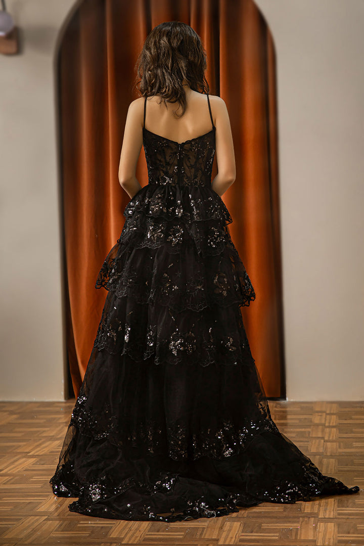 Ruffle Sheer Corset Bodice Prom Dress