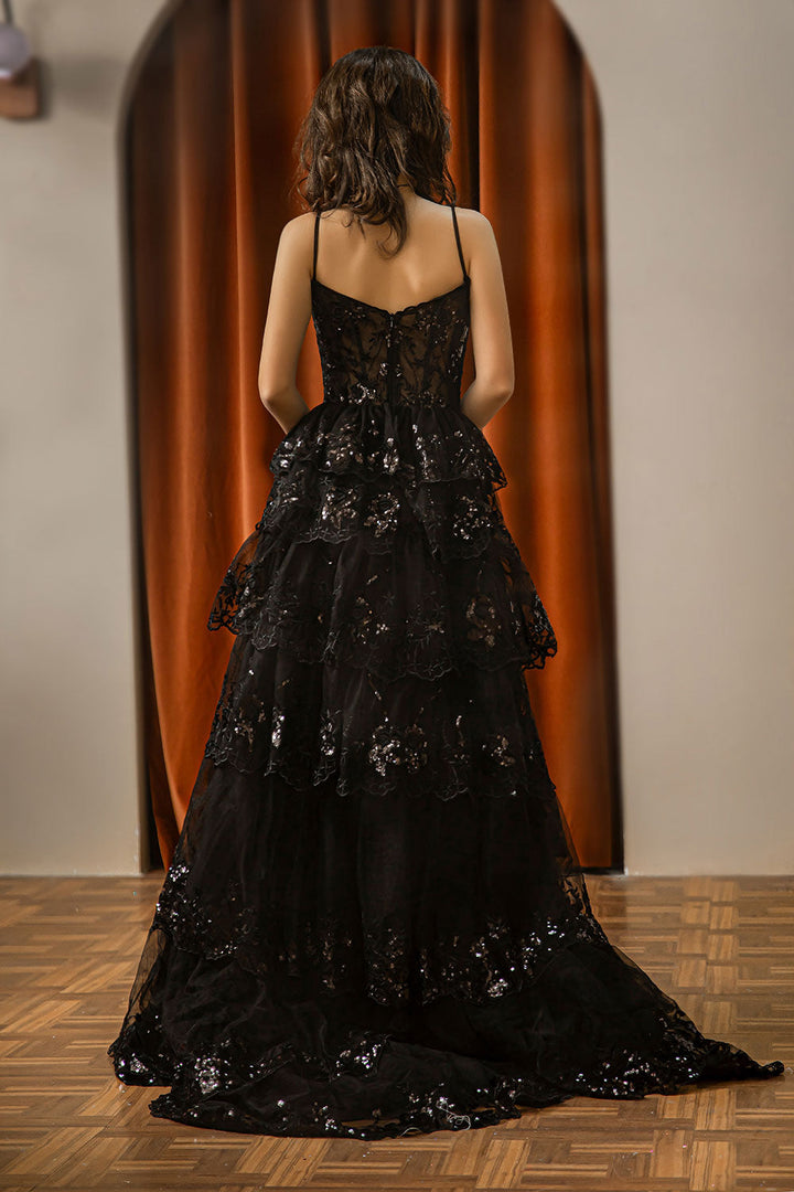 Black Sheer Corset Bodice Prom Dress