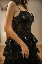 Load image into Gallery viewer, Black Sheer Corset Bodice Prom Dress
