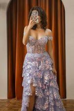 Load image into Gallery viewer, Sheer Corset Bodice Ruffle Slit Prom Dress
