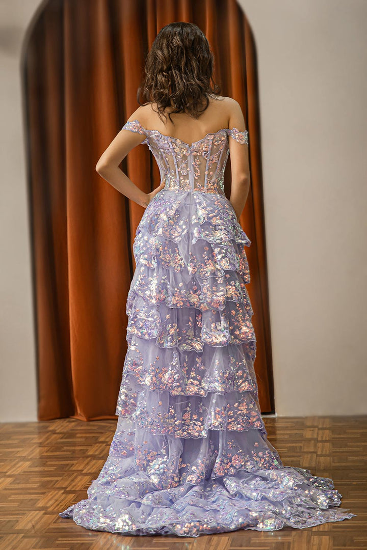 Sheer Corset Bodice Ruffle Slit Prom Dress