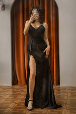 Load image into Gallery viewer, Black Slit Ruched Prom Dress with Lace
