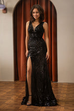 Load image into Gallery viewer, Black Sequin Slit Prom Dress with Feathers
