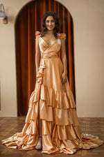 Load image into Gallery viewer, Ruffle Slit Satin Open Back Prom Dress
