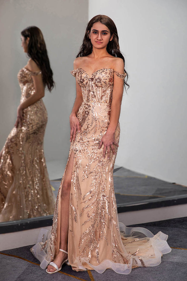 Llella Off the Shoulder Slit Champagne Prom Dress with Sequin