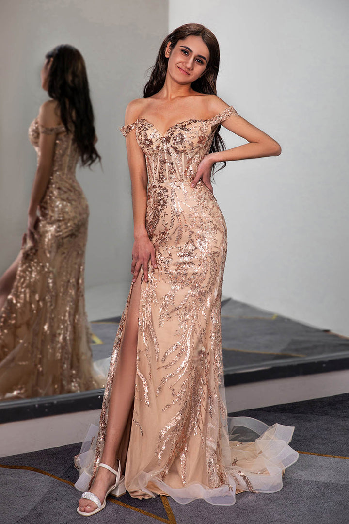 Llella Off the Shoulder Slit Champagne Prom Dress with Sequin