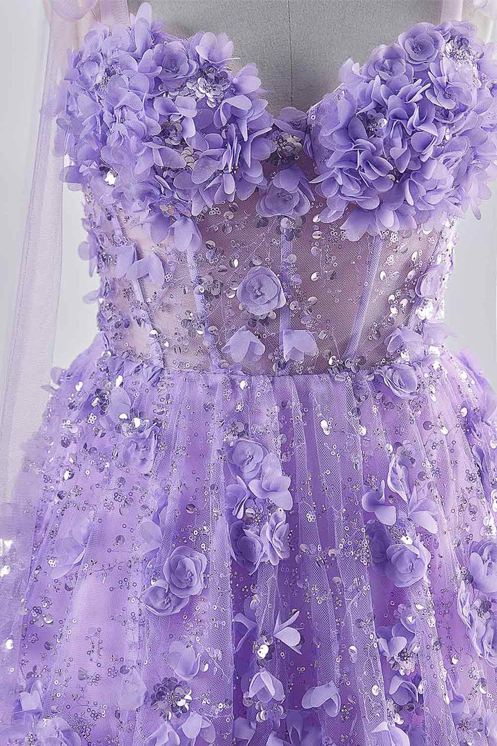 Shiny Lilac Prom Dress with Flowers