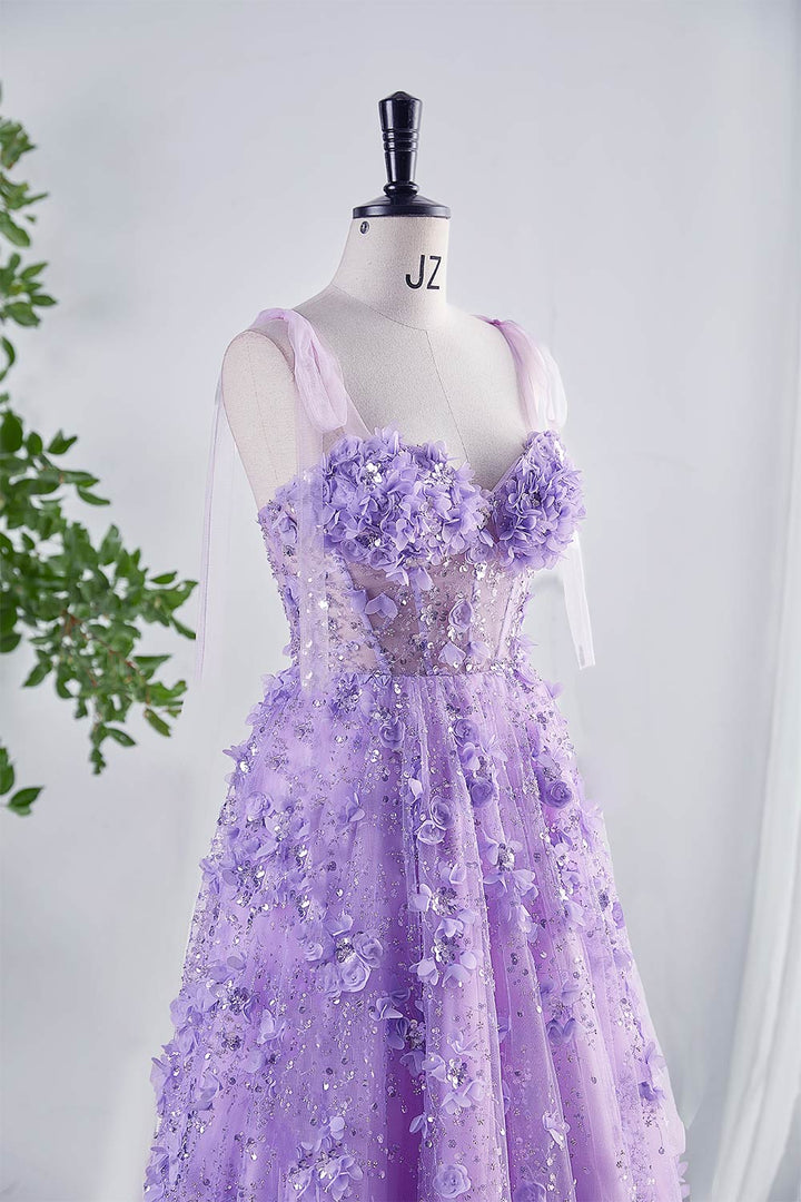 Shiny Lilac Prom Dress with Flowers