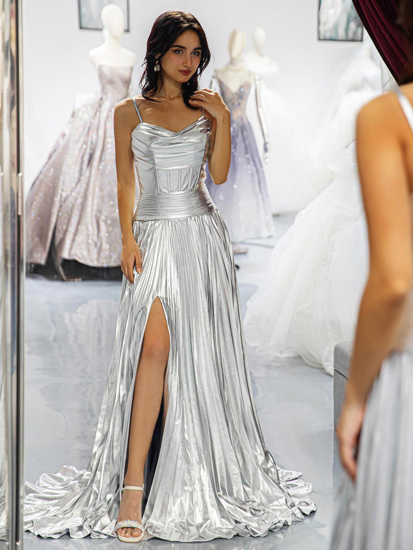 Silver Metallic Slit Prom Dress