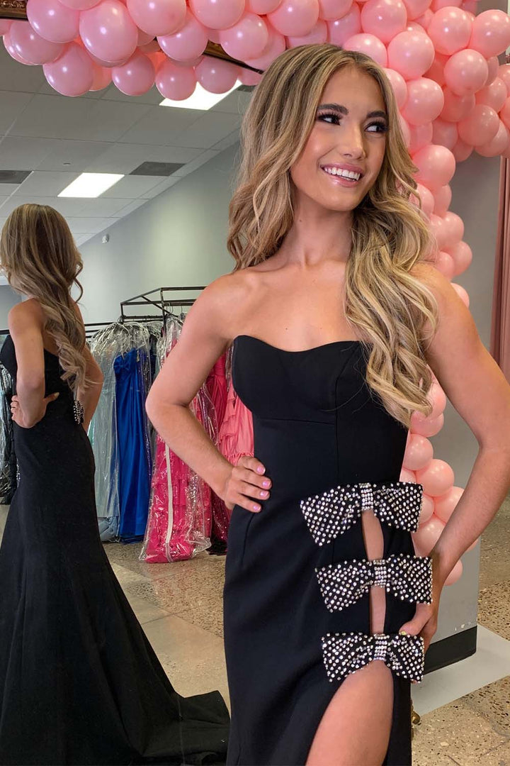 Black Strapless Prom Dress with Bows