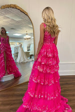 Load image into Gallery viewer, Straps Ruffled Prom Dress with Slit
