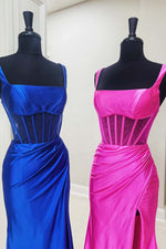 Load image into Gallery viewer, Square Neck Sheer Bodice Prom Dress with Side Slit
