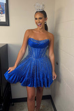 Load image into Gallery viewer, Strapless Beaded Homecoming Dress with Ruffle
