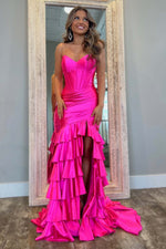 Load image into Gallery viewer, Sheath Strapless Satin Prom Dress with Ruffle Hem

