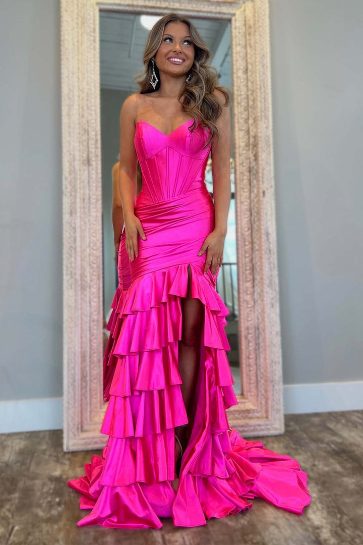 Sheath Strapless Satin Prom Dress with Ruffle Hem