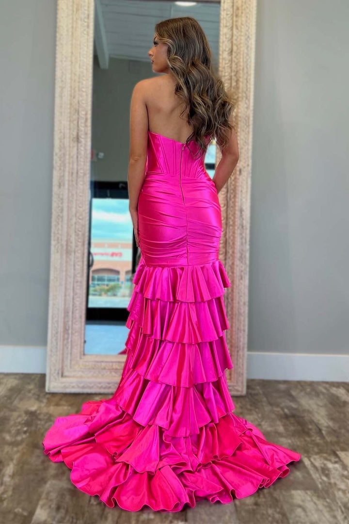 Sheath Strapless Satin Prom Dress with Ruffle Hem