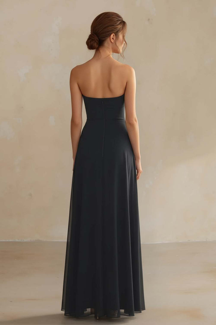 Pleated Side Slit Black Prom Dress