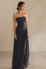 Load image into Gallery viewer, Pleated Side Slit Black Prom Dress
