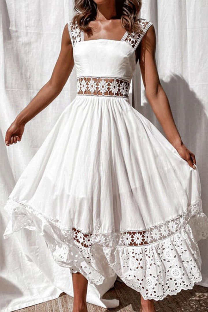 Lace Insert Ruffle White Dress