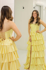 Load image into Gallery viewer, Yellow Strapless Ruffle Prom Gown with Slit
