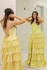 Load image into Gallery viewer, Yellow Strapless Ruffle Prom Gown with Slit
