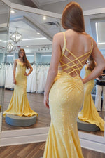 Load image into Gallery viewer, Yellow Open Back Beaded Prom Dress
