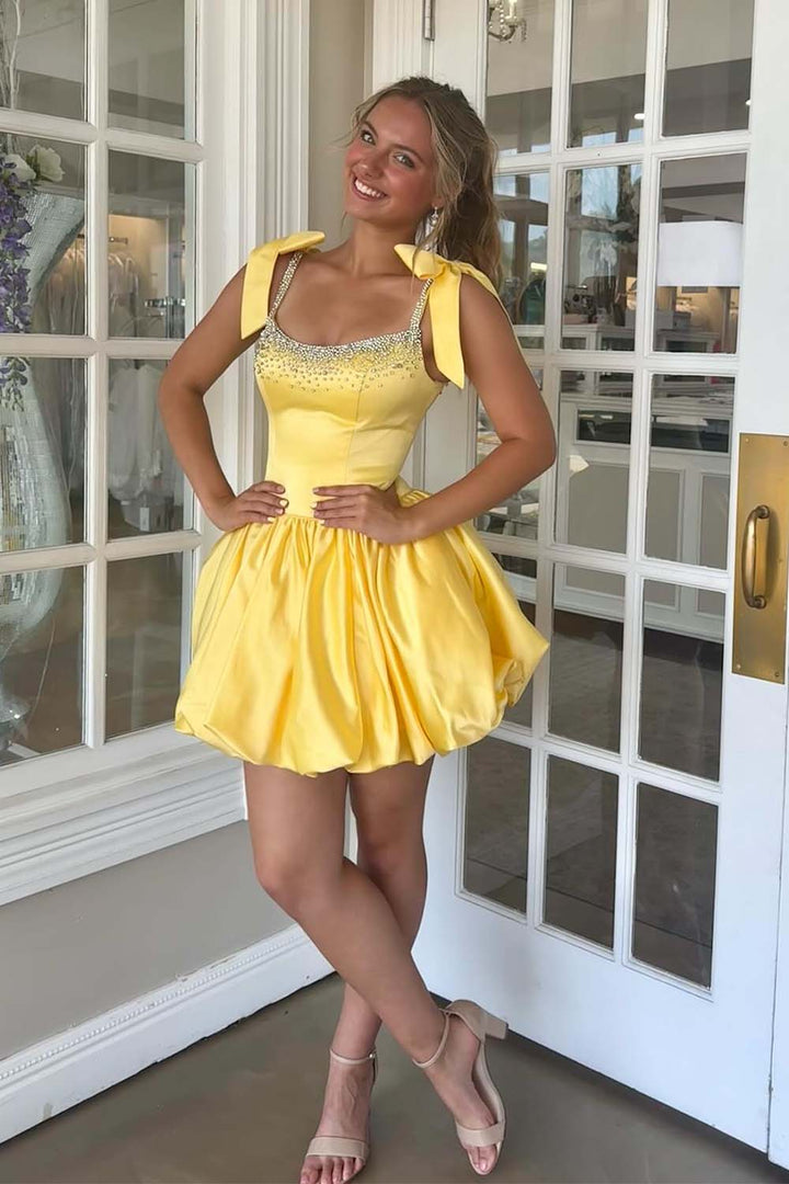Yellow Bubble Hem Homecoming Dresses with Beads