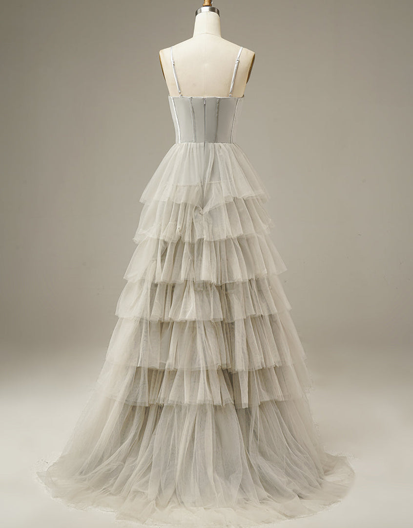 Light Grey Tiered Tulle Princess Prom Dress